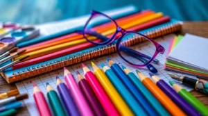 colored pencils resting on a grid lined sheet, paired with a spiral notebook and purple framed glasses